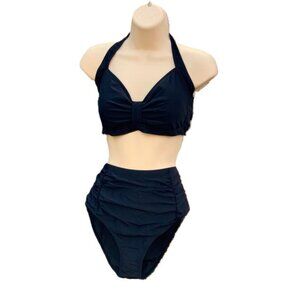 PIN UP GIRL Retro High‎ Waisted Tummy Control Bikini Set Black NEW Large